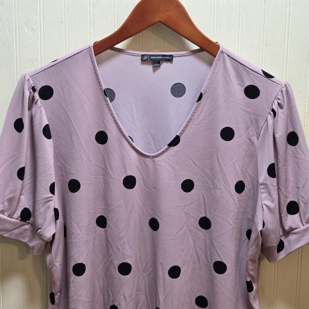 Adrianna Papell Blouse Womens XL Pink Polka Dot V Neck Short Sleeve Jersey Top